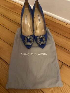 Manolo Blahnik Royal Blue Satin Crystal-Buckle Pointed Pumps